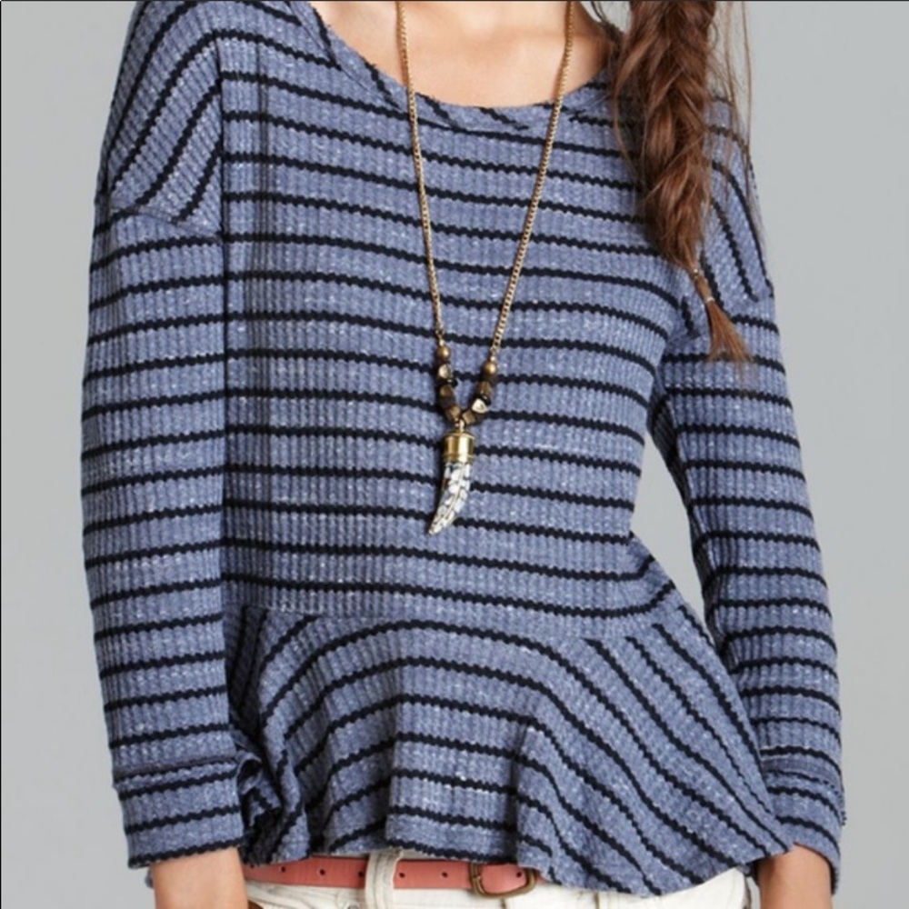FREE PEOPLE • Black and Blue Striped Peplum Top